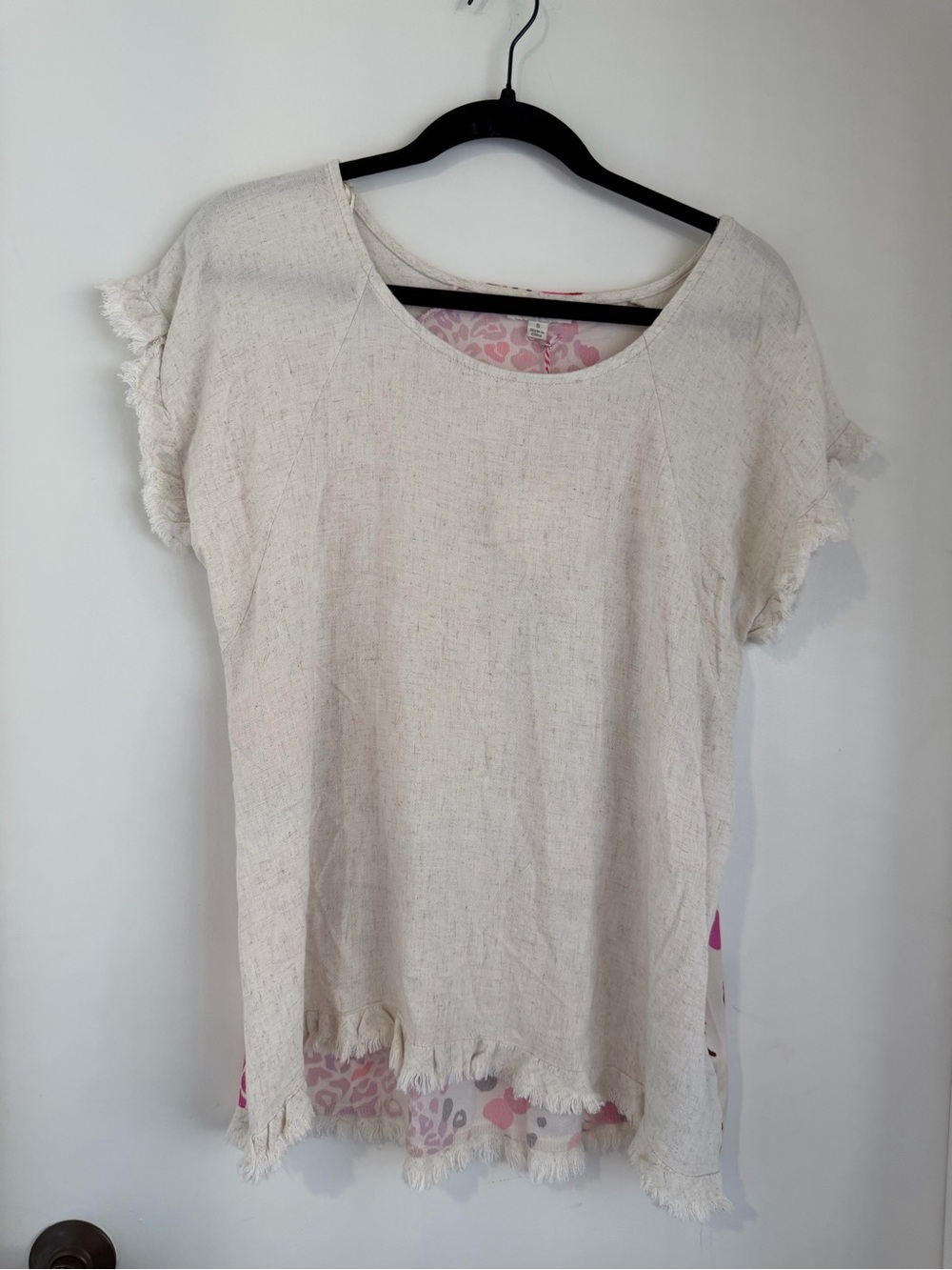 Umgee Beige Fringed Short-Sleeve Linen Top NWT